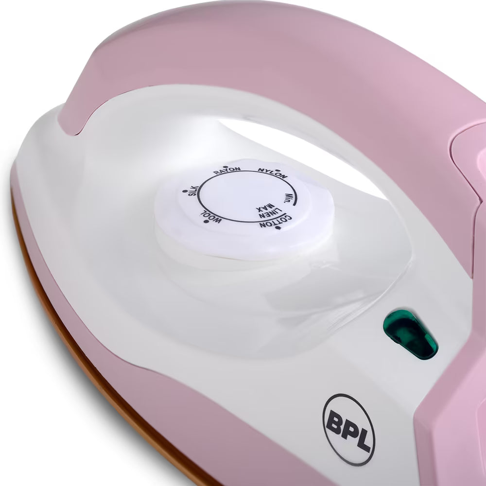 BPL BDIS0021 Adjustable Temperature Setting Heating Up Light Cool Touch Plastic Body 1000 W Dry Iron (Pink, White)
