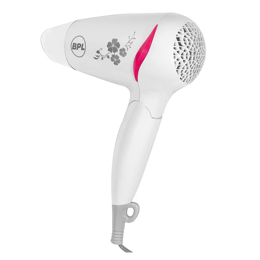BPL 1200W Foldable Hair Dryer with Ionic Air Function for fast dry and silky hair, 3 Temperature Settings, Overheat Protection, Detachable Concentrator, 2 Years Warranty, White and Pink