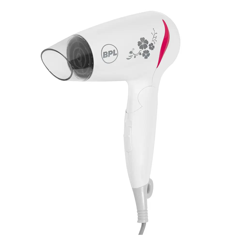 BPL 1200W Foldable Hair Dryer with Ionic Air Function for fast dry and silky hair, 3 Temperature Settings, Overheat Protection, Detachable Concentrator, 2 Years Warranty, White and Pink