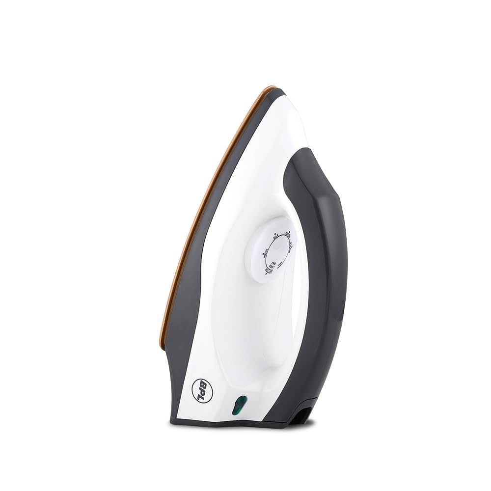BPL 1000 Watts Dry Iron Heating Up Led Indicator Adjustable Temperature Control Dual Coated Sole Plate Flexible 360 Degree Swivel Cord ISI certified (Grey & White)