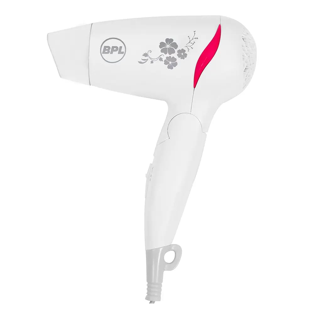 BPL 1200W Foldable Hair Dryer with Ionic Air Function for fast dry and silky hair, 3 Temperature Settings, Overheat Protection, Detachable Concentrator, 2 Years Warranty, White and Pink
