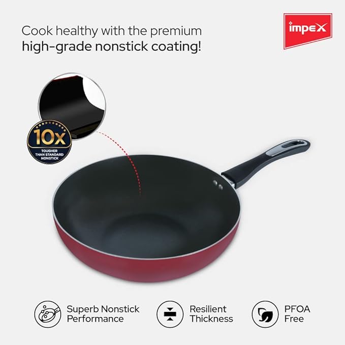 Impex Rhythm Nonstick Aluminum Wok pan 24 cm (IWP24) with Induction Base deep Wok pan Compatible for Induction, Electric and Gas Stove Tops Having 1 Year Warranty (Maroon Metallic)