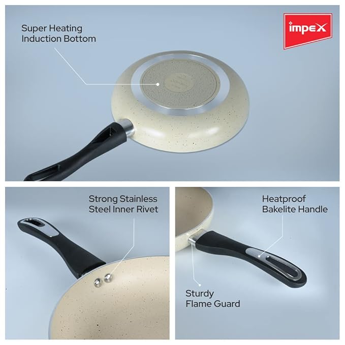 Impex Fry Pan 28 cm Royal 5-Layer Super Granite Nonstick Induction Base, 10 Times Tougher Non Stick, Fry Pan for All Frying Needs, Ease to Clean, 1 Year Warranty (28 cm, Beige)