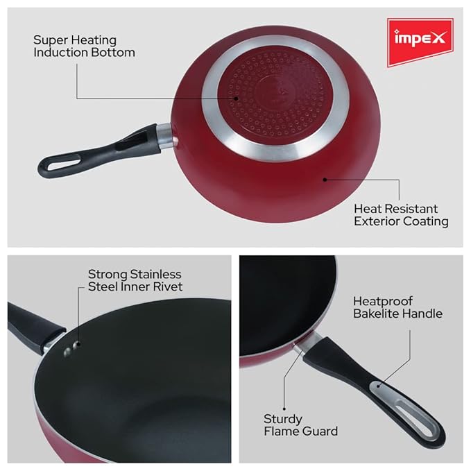 Impex Rhythm Nonstick Aluminum Wok pan 24 cm (IWP24) with Induction Base deep Wok pan Compatible for Induction, Electric and Gas Stove Tops Having 1 Year Warranty (Maroon Metallic)