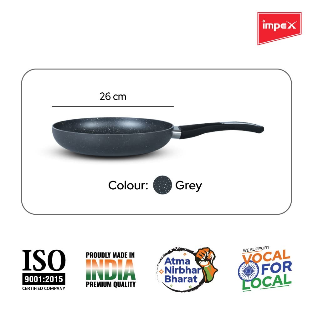 Impex Fry Pan 26 cm Royal 5-Layer Super Granite Nonstick Induction Base, 10 Times Tougher Non Stick, Fry Pan for All Frying Needs, Ease to Clean, 1 Year Warranty (26 cm, Grey)