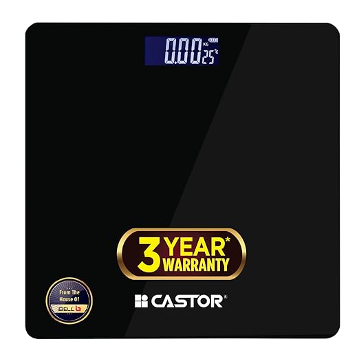 CASTOR Weight Machine for Body Weight, Weighing Scale, Tempered Glass, LCD Display, Digital Bathroom Scale, BS026M, Upto 180 kg, Black