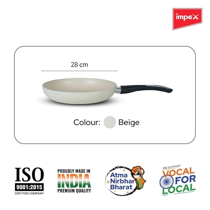 Impex Fry Pan 28 cm Royal 5-Layer Super Granite Nonstick Induction Base, 10 Times Tougher Non Stick, Fry Pan for All Frying Needs, Ease to Clean, 1 Year Warranty (28 cm, Beige)