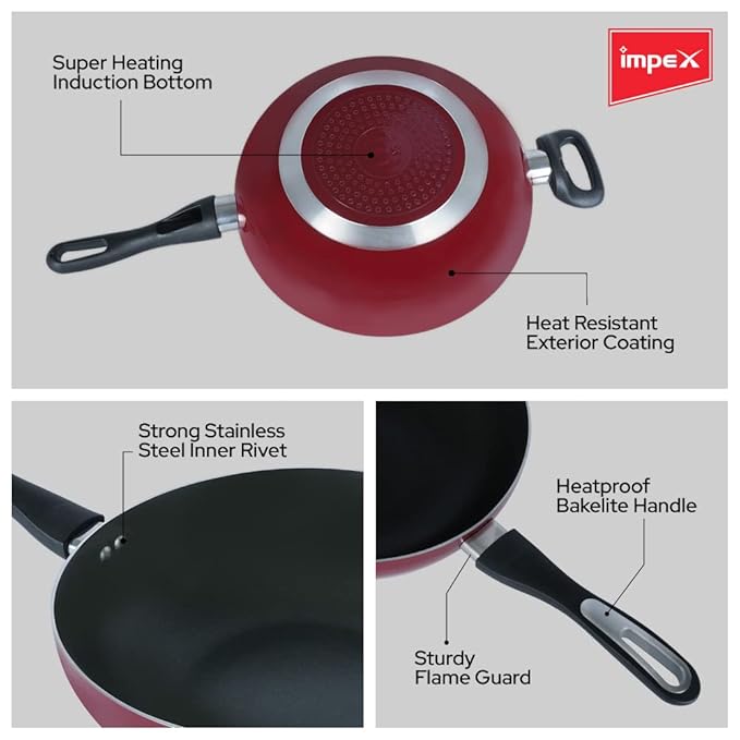 Impex Rhythm Nonstick Aluminum Wok pan 28 cm (IWP28) with Induction Base deep Wok pan Compatible for Induction, Electric and Gas Stove Tops Having 1 Year Warranty (Maroon Metallic)