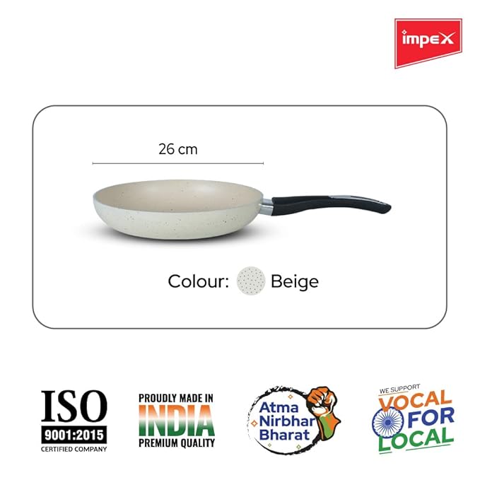 Impex Fry Pan 26 cm Royal 5-Layer Super Granite Nonstick Induction Base, 10 Times Tougher Non Stick, Fry Pan for All Frying Needs, Ease to Clean, 1 Year Warranty (26 cm, Beige)