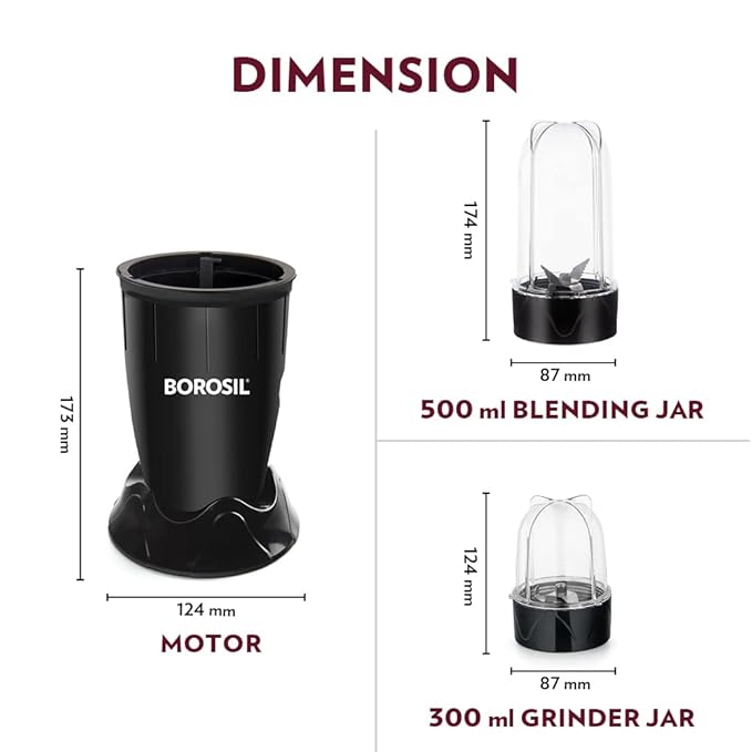 Borosil NutriFresh Portable Mini-Blender & Grinder, 500 ml Blending Jar, 300 ml Chutney Jar, For Blending Smoothies & Chutneys, Dry Grinding Spices, Black, 400 W