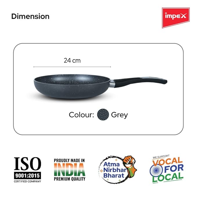 Impex Fry Pan 24 cm Royal 5-Layer Super Granite Nonstick Induction Base, 10 Times Tougher Non Stick, Fry Pan for All Frying Needs, Ease to Clean, 1 Year Warranty (24 cm, Grey)