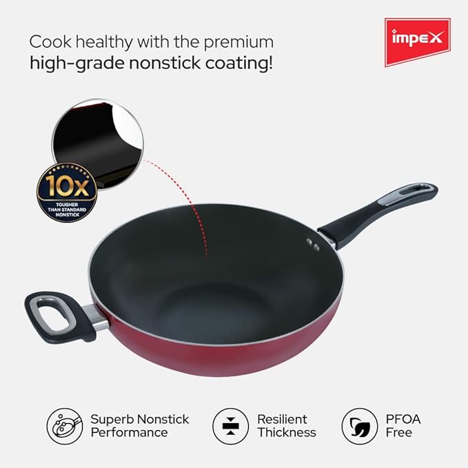 Impex Rhythm Nonstick Aluminum Wok pan 28 cm (IWP28) with Induction Base deep Wok pan Compatible for Induction, Electric and Gas Stove Tops Having 1 Year Warranty (Maroon Metallic)