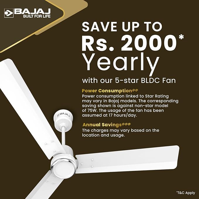 Bajaj Classico Sleek Plus 1200MM (48") BLDC Ceiling Fans For Home | BEE 5 Star Rated Energy Efficient Ceiling Fan | High Energy Density Motor | RF Remote | 2-Yr Warranty 【Base White】