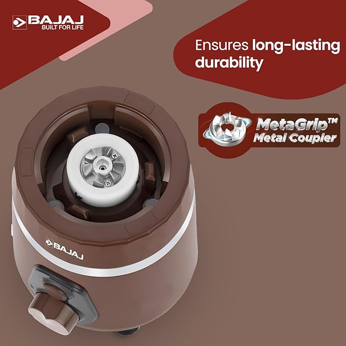 Bajaj Ninja Series Powergrind 1000 W Mixer Grinder With 3 Jars (Stainless Steel Jars) | DuraCut Blades For Lifetime Grinding | Double Ball Bearing 1000W Motor | 1 Yr Warranty【Brown/Chrome】