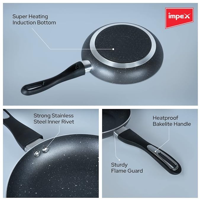 Impex Fry Pan 28 cm Royal 5-Layer Super Granite Nonstick Induction Base, 10 Times Tougher Non Stick, Fry Pan for All Frying Needs, Ease to Clean, 1 Year Warranty (28 cm, Grey)