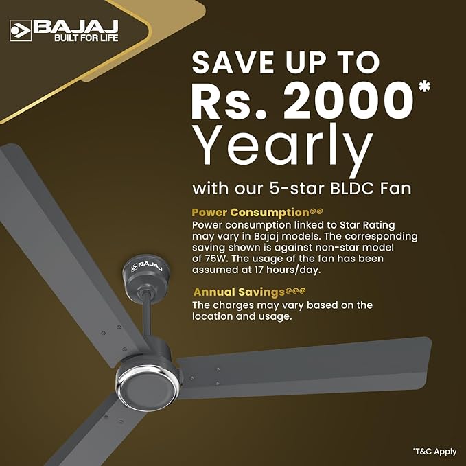 Bajaj Classico Sleek Plus 1200MM (48”) BLDC Ceiling Fans For Home | BEE 5 Star Rated Energy Efficient | Sleek Compact Design | High Energy Density Motor | RF Remote | 2-Yr Warranty