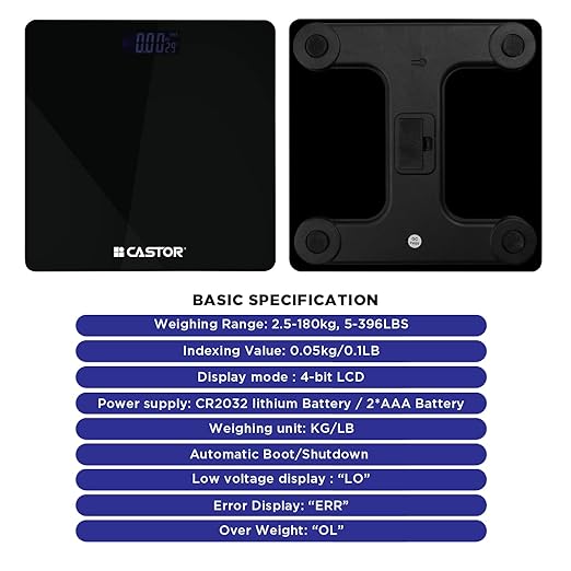 CASTOR Weight Machine for Body Weight, Weighing Scale, Tempered Glass, LCD Display, Digital Bathroom Scale, BS026M, Upto 180 kg, Black