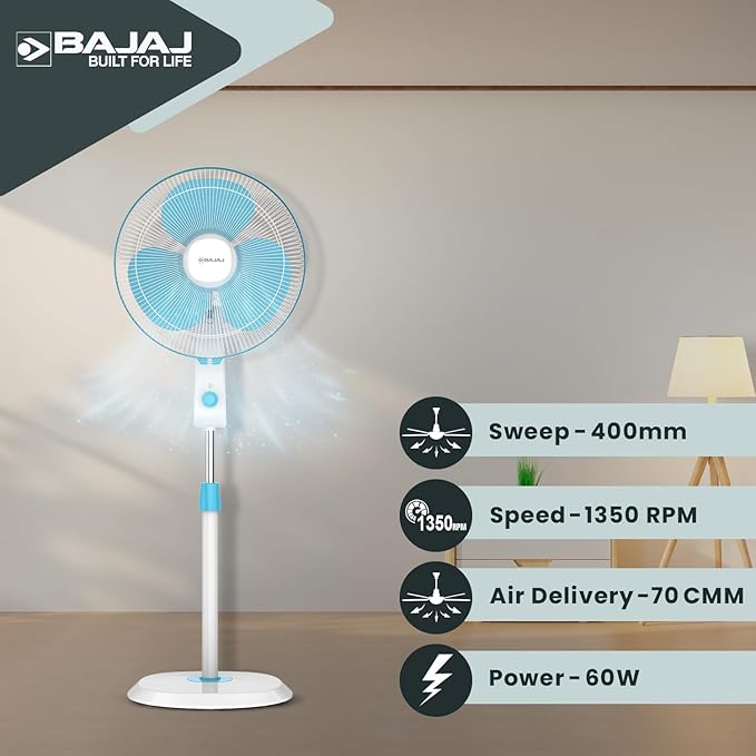 Bajaj Robusto 400mm Oscillating Pedestal Fan for Home | DuraBreezeTM Technology | Surge Protection | 100% Copper Motor | High Air Delivery | Modern Décor | 3 Years Warranty 【Icy Blue & White】