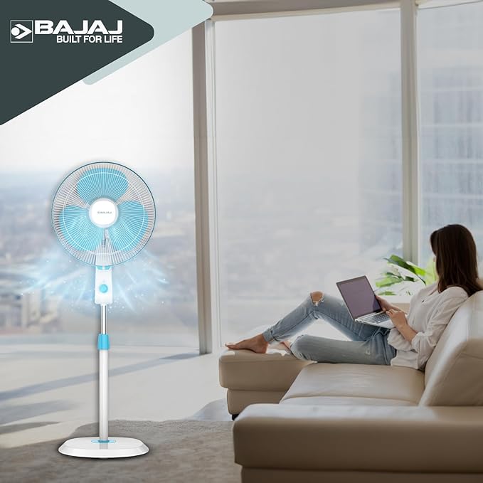 Bajaj Robusto 400mm Oscillating Pedestal Fan for Home | DuraBreezeTM Technology | Surge Protection | 100% Copper Motor | High Air Delivery | Modern Décor | 3 Years Warranty 【Icy Blue & White】