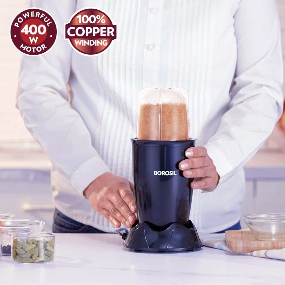 Borosil NutriFresh Portable Mini-Blender & Grinder, 500 ml Blending Jar, 300 ml Chutney Jar, For Blending Smoothies & Chutneys, Dry Grinding Spices, Black, 400 W
