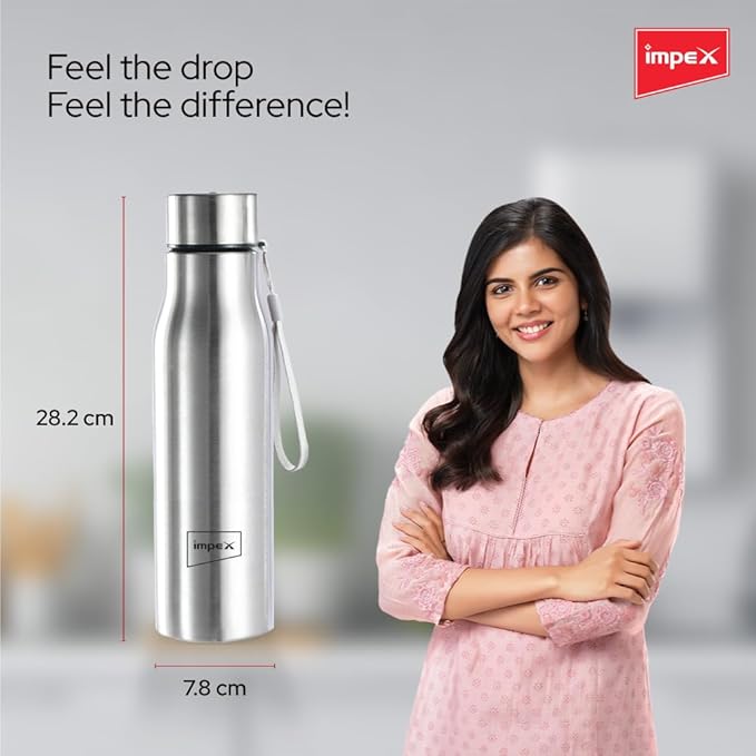 Impex Stainless Steel Water Bottle SIPPY 1000N, 1000 ml, Silver | Leak Proof | Office Bottle | Gym Bottle | Home | Kitchen | Hiking | Treking Bottle | Travel Bottle (Silver)