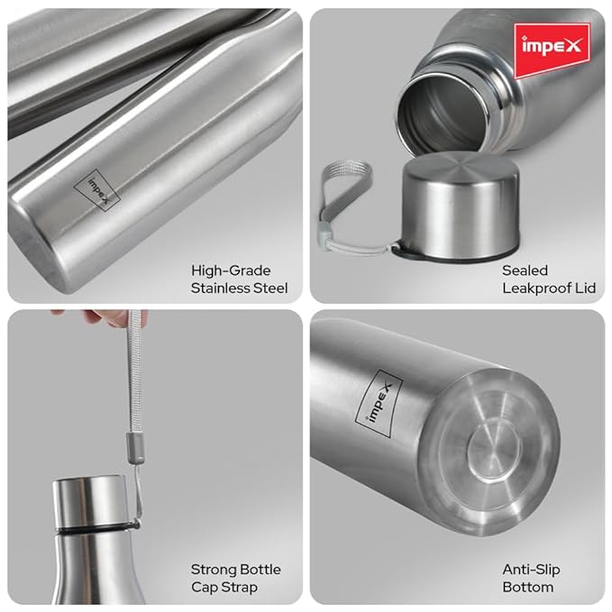 Impex Stainless Steel Water Bottle SIPPY 1000N, 1000 ml, Silver | Leak Proof | Office Bottle | Gym Bottle | Home | Kitchen | Hiking | Treking Bottle | Travel Bottle (Silver)