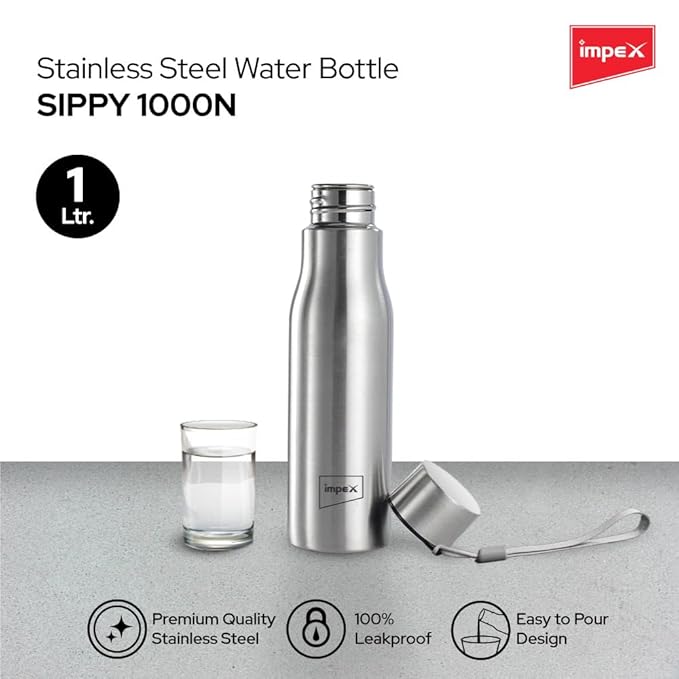 Impex Stainless Steel Water Bottle SIPPY 1000N, 1000 ml, Silver | Leak Proof | Office Bottle | Gym Bottle | Home | Kitchen | Hiking | Treking Bottle | Travel Bottle (Silver)