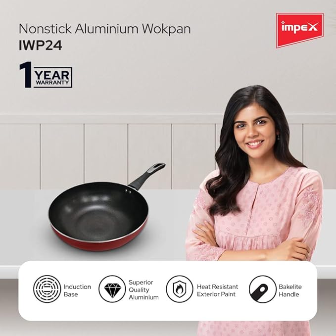 Impex Rhythm Nonstick Aluminum Wok pan 24 cm (IWP24) with Induction Base deep Wok pan Compatible for Induction, Electric and Gas Stove Tops Having 1 Year Warranty (Maroon Metallic)