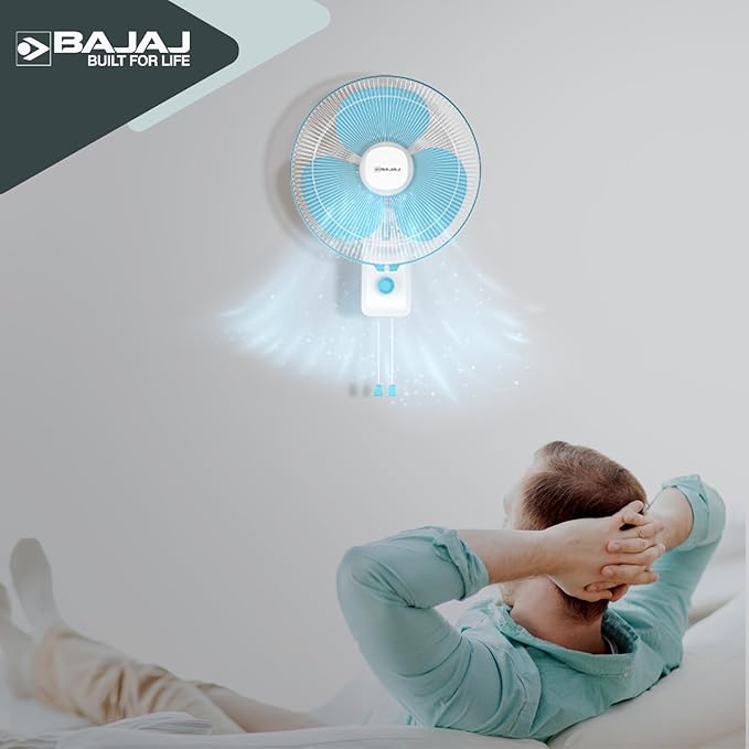 Bajaj Robusto 400MM Oscillating Wall Fan for Home | DuraBreezeTM Technology | Surge Protection | 100% Copper Motor | High Air Delivery | Modern Décor | 3 Years Warranty 【Icy Blue & White】