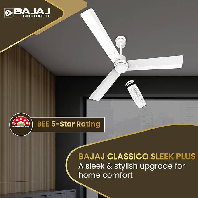Bajaj Classico Sleek Plus 1200MM (48") BLDC Ceiling Fans For Home | BEE 5 Star Rated Energy Efficient Ceiling Fan | High Energy Density Motor | RF Remote | 2-Yr Warranty 【Base White】