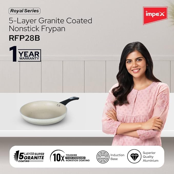 Impex Fry Pan 28 cm Royal 5-Layer Super Granite Nonstick Induction Base, 10 Times Tougher Non Stick, Fry Pan for All Frying Needs, Ease to Clean, 1 Year Warranty (28 cm, Beige)