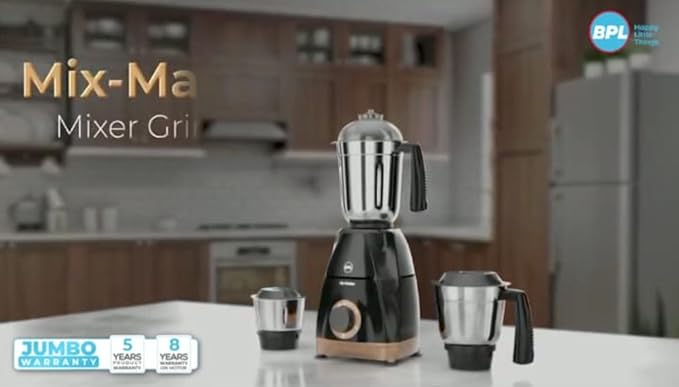BPL MIX-MASTER Mixer Grinder/Mixie for Kitchen | 750 Watts | 3 MultiPurpose Jars for Juicing | Chutney Making | Dry Grinding | Wet Grinding | 3 Speed Control 5 Year Warranty (Black)
