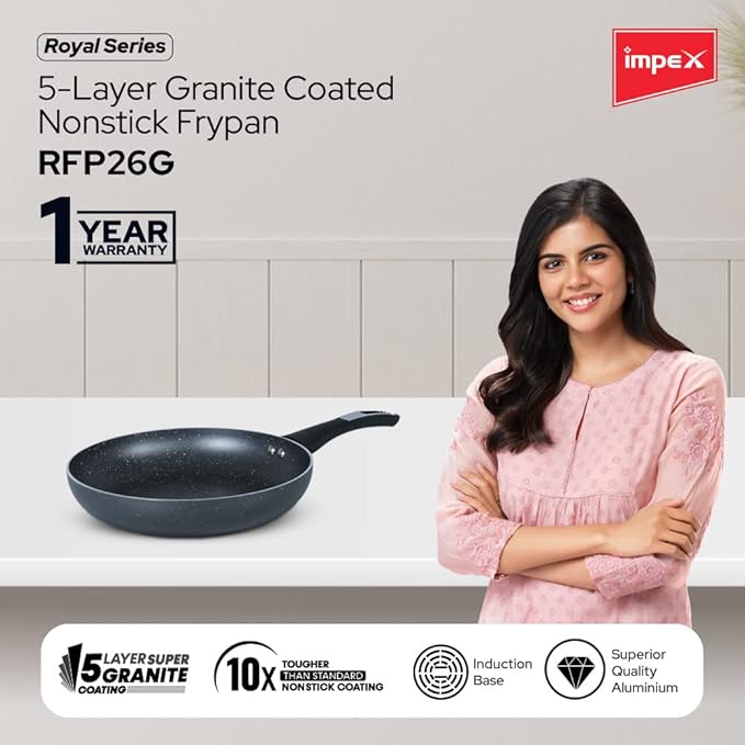 Impex Fry Pan 26 cm Royal 5-Layer Super Granite Nonstick Induction Base, 10 Times Tougher Non Stick, Fry Pan for All Frying Needs, Ease to Clean, 1 Year Warranty (26 cm, Grey)