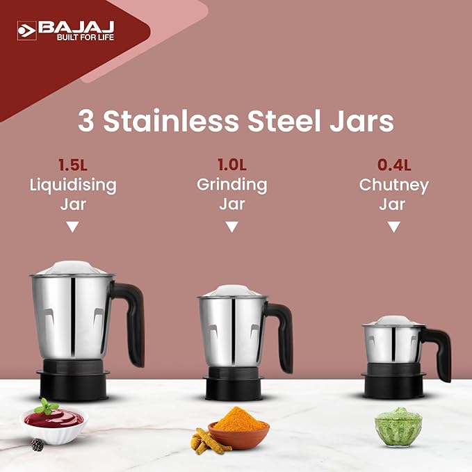 Bajaj Ninja Series Powergrind 1000 W Mixer Grinder With 3 Jars (Stainless Steel Jars) | DuraCut Blades For Lifetime Grinding | Double Ball Bearing 1000W Motor | 1 Yr Warranty【Brown/Chrome】