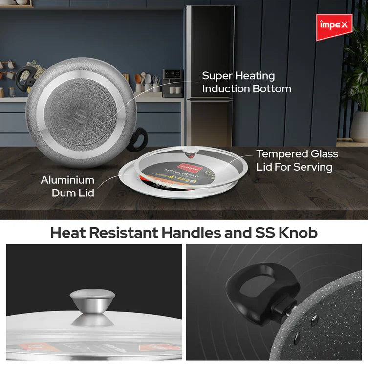 Impex RDBP8 - 8L, Dum Biryani Pot, Aluminium, PFOA-Free, Tempered Glass Lid, Induction Compatible, 1 Year Warranty, Grey