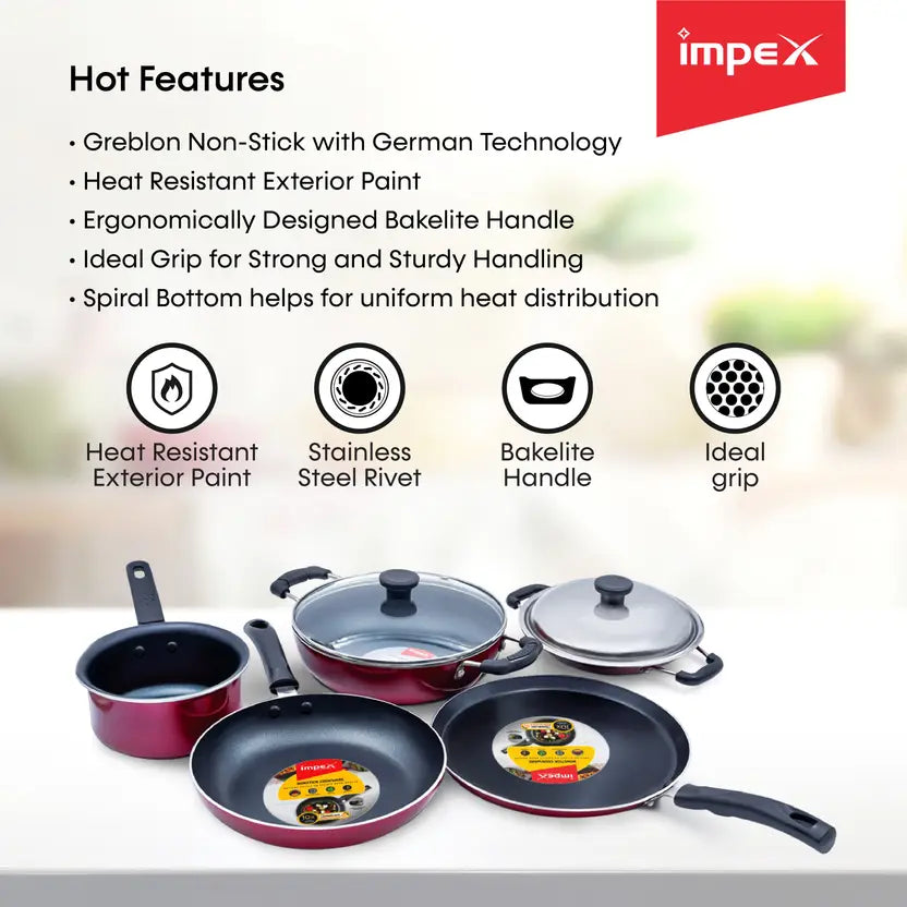 IMPEX (KUK 5) 7 pcs Induction Bottom Non-Stick Coated Cookware Set (Aluminium, 7 - Piece)