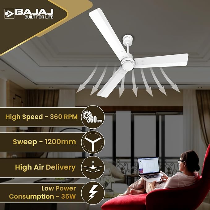Bajaj Classico Sleek Plus 1200MM (48") BLDC Ceiling Fans For Home | BEE 5 Star Rated Energy Efficient Ceiling Fan | High Energy Density Motor | RF Remote | 2-Yr Warranty 【Base White】