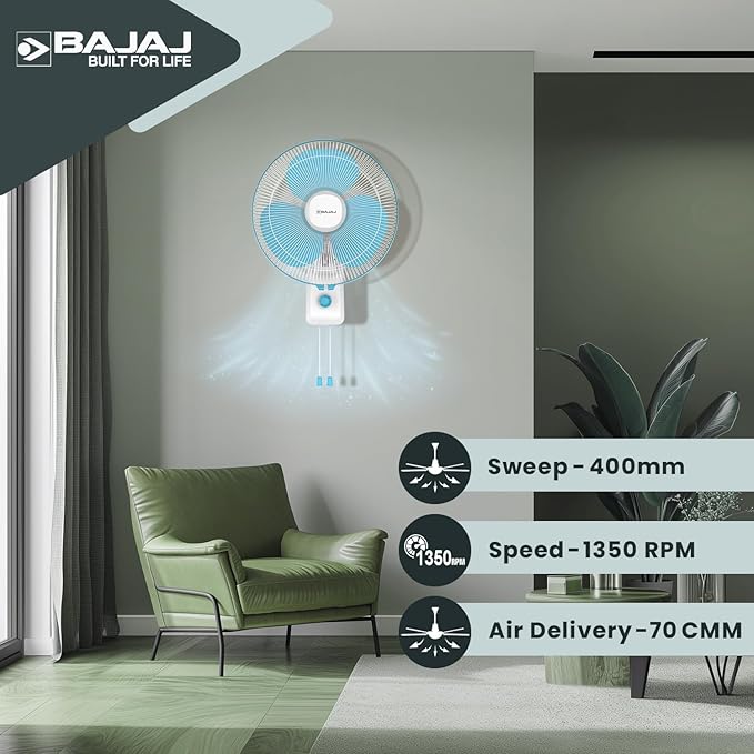 Bajaj Robusto 400MM Oscillating Wall Fan for Home | DuraBreezeTM Technology | Surge Protection | 100% Copper Motor | High Air Delivery | Modern Décor | 3 Years Warranty 【Icy Blue & White】