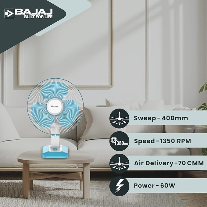 Bajaj Robusto 400MM Oscillating Table Fan For Home | DuraBreezeTM Technology | Surge Protection | 100% Copper Motor | High Air Delivery | Modern Décor | 3 Years Warranty【Icy Blue & White】