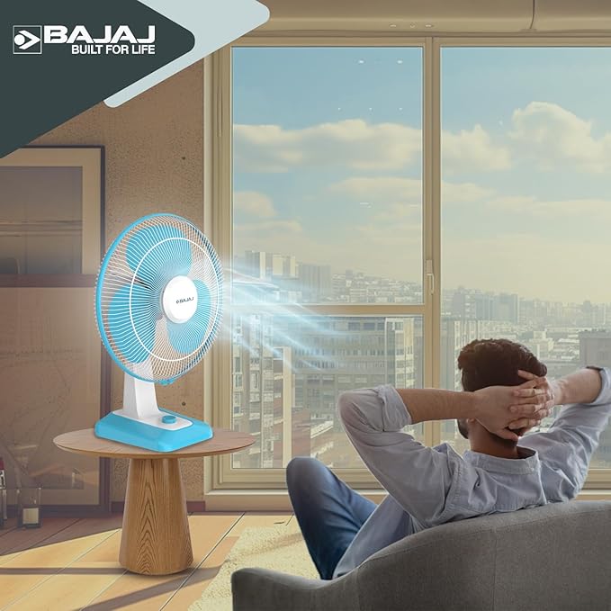Bajaj Robusto 400MM Oscillating Table Fan For Home | DuraBreezeTM Technology | Surge Protection | 100% Copper Motor | High Air Delivery | Modern Décor | 3 Years Warranty【Icy Blue & White】