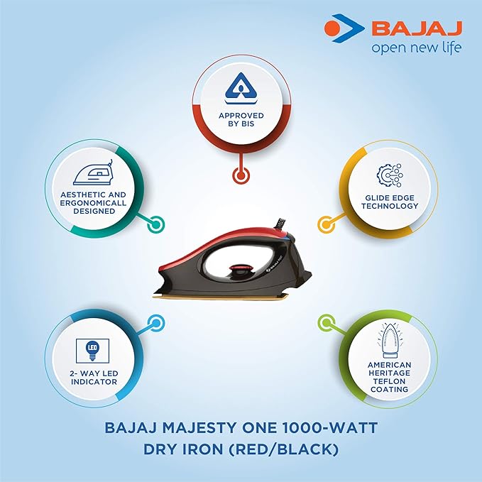 Bajaj Majesty One 1000-Watt Dry Iron (Red/Black)