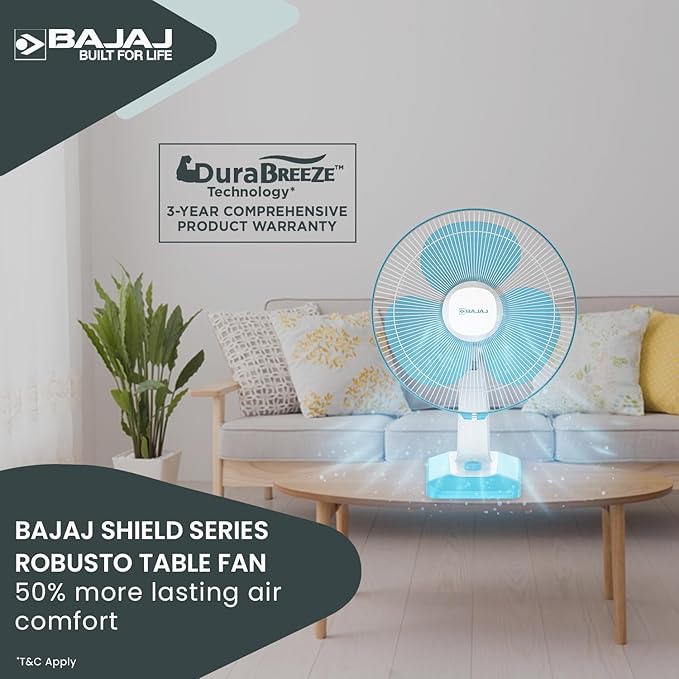 Bajaj Robusto 400MM Oscillating Table Fan For Home | DuraBreezeTM Technology | Surge Protection | 100% Copper Motor | High Air Delivery | Modern Décor | 3 Years Warranty【Icy Blue & White】