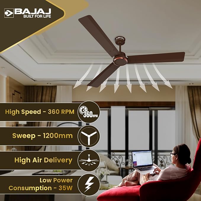 Bajaj Classico Sleek Plus 1200MM (48") BLDC Ceiling Fans For Home | BEE 5 Star Rated Energy Efficient Ceiling Fan | High Energy Density Motor | RF Remote | 2-Yr Warranty【Red Walnut】