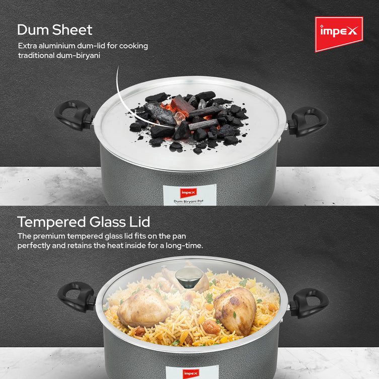 Impex RDBP8 - 8L, Dum Biryani Pot, Aluminium, PFOA-Free, Tempered Glass Lid, Induction Compatible, 1 Year Warranty, Grey