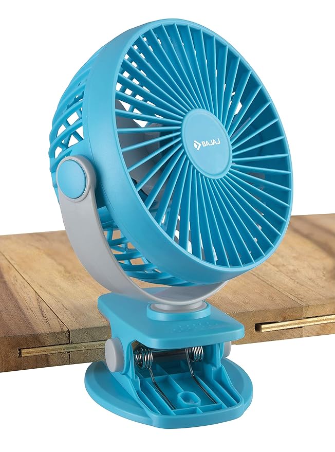 Bajaj Pygmy Mini Fan 110MM | USB Charging | Multi-Clip Function | Rechargeable | 4-Hr Back-up | Silent Operation | Longer Battery Life | Energy Efficient | Portable 【Blue】