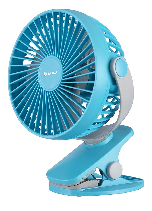 Bajaj Pygmy Mini Fan 110MM | USB Charging | Multi-Clip Function | Rechargeable | 4-Hr Back-up | Silent Operation | Longer Battery Life | Energy Efficient | Portable 【Blue】