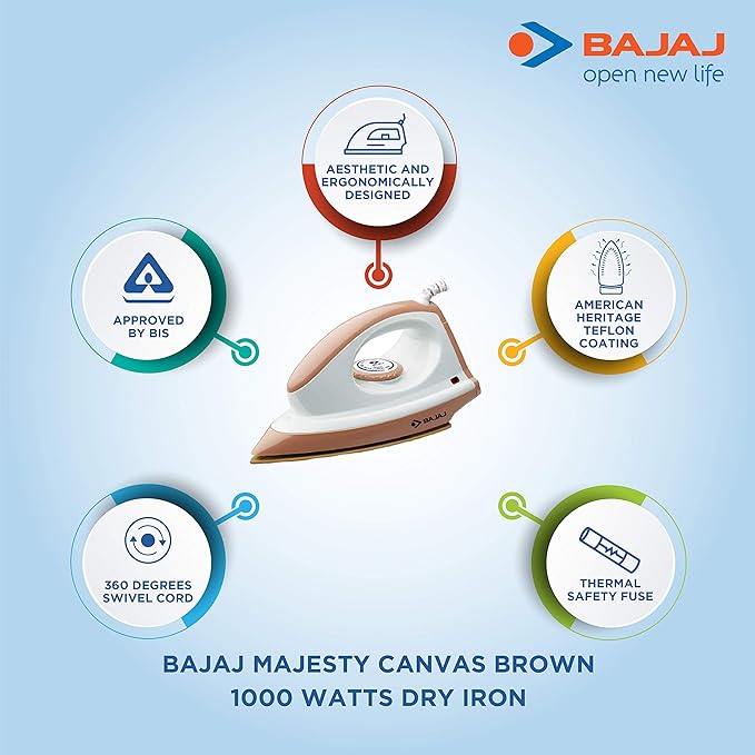 Bajaj ABS Majesty Canvas 1000-Watt Dry Iron | Teflon Coating | Thermal Safety Fuse | 360 Degree Swivel Cord | Cool Touch Body | 2-Yrs Warranty 【Brown】