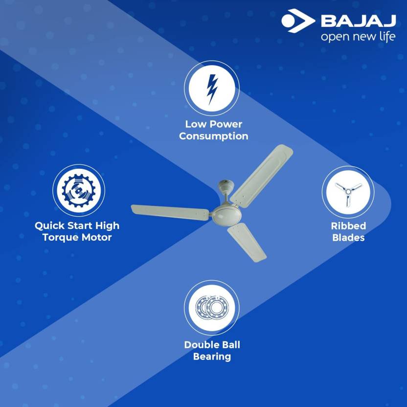 Specifications Colour Brown, White, Bianco Brand Bajaj Sweep 48 inch (1200 mm) Material Aluminium BEE Rating 1 Star Blades 3 Control Regulator