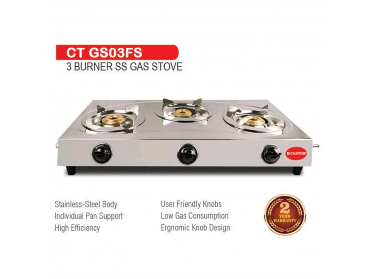 Castor 3 Burner Stainless Steel Gas Stove