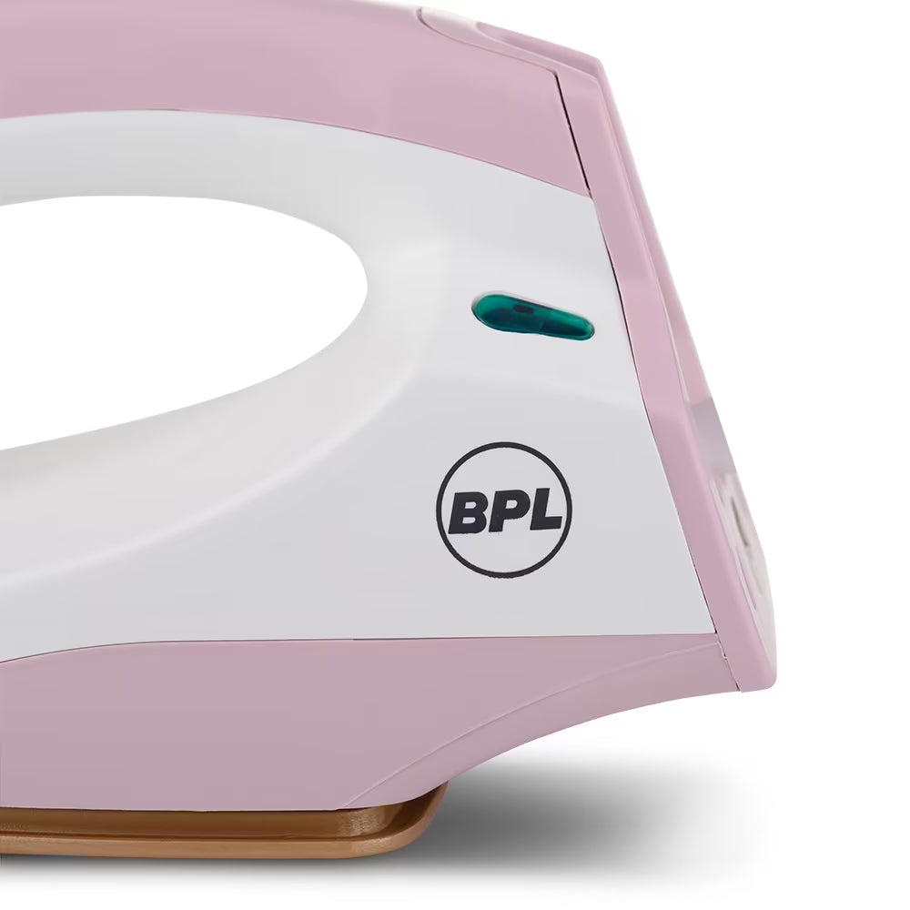 BPL BDIS0021 Adjustable Temperature Setting Heating Up Light Cool Touch Plastic Body 1000 W Dry Iron (Pink, White)